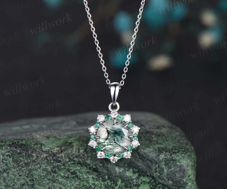 Vintage round cut green moss agate necklace white gold 8 prong halo natural emerald diamond moissanite pendant women promise bridal gift sold by Willwork Jewelry
