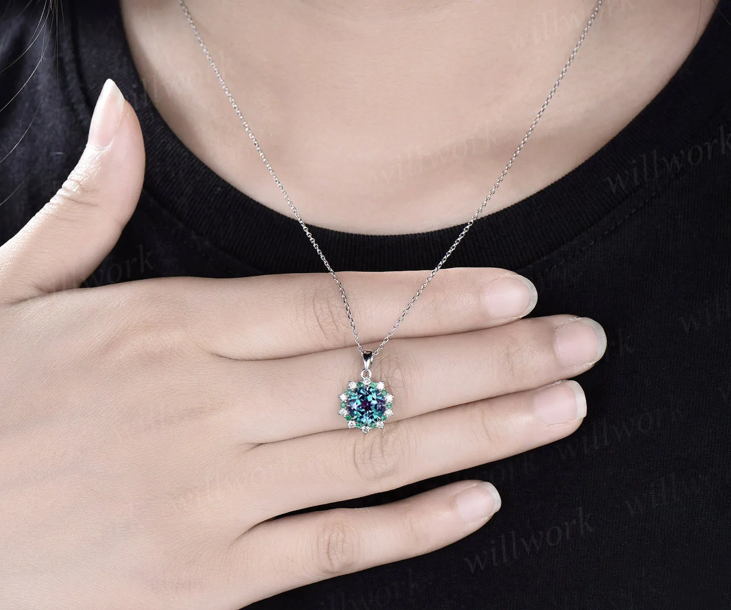 Vintage 2ct round cut alexandrite necklace white gold 8 prong halo natural emerald diamond pendant women June birthstone promise bridal gift sold by Willwork Jewelry product image thumbnail 2