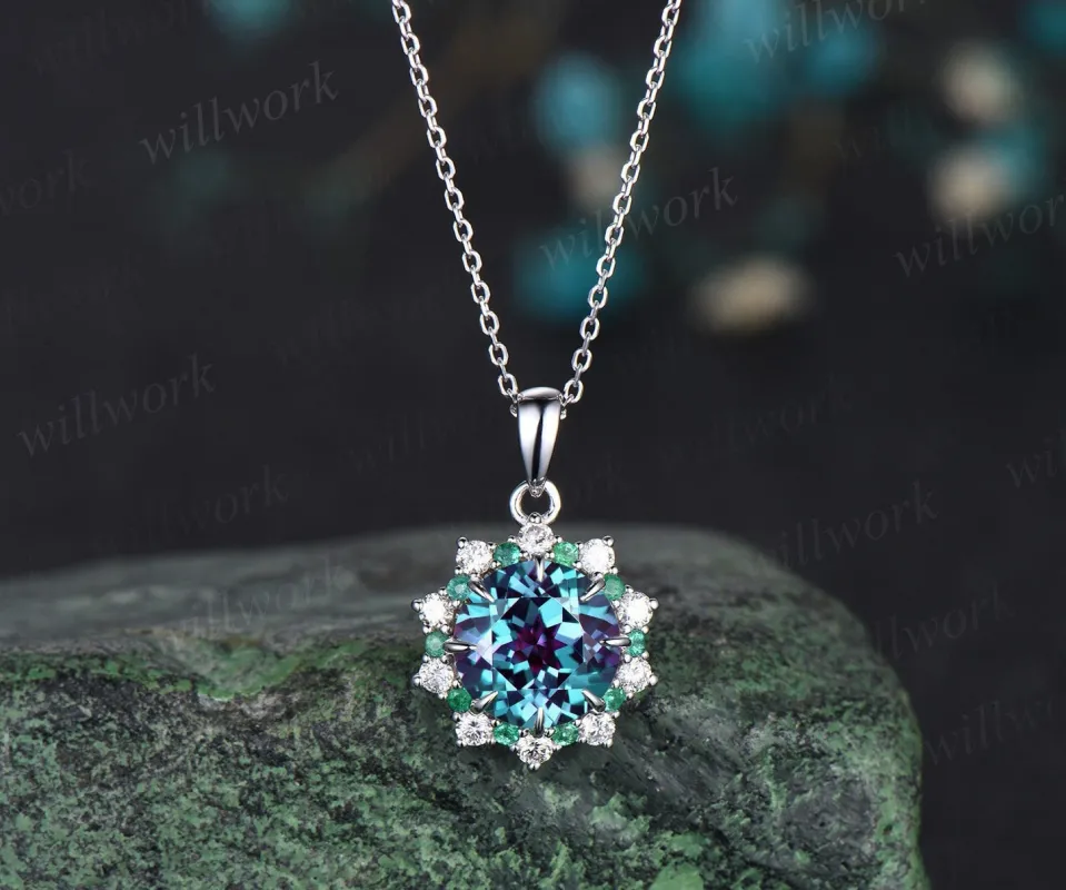 Vintage 2ct round cut alexandrite necklace white gold 8 prong halo natural emerald diamond pendant women June birthstone promise bridal gift sold by Willwork Jewelry