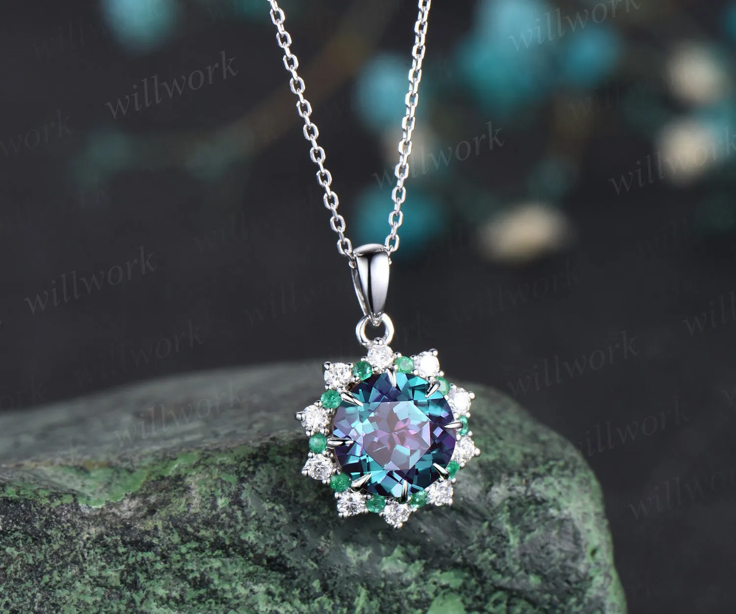 Vintage 2ct round cut alexandrite necklace white gold 8 prong halo natural emerald diamond pendant women June birthstone promise bridal gift sold by Willwork Jewelry product image thumbnail 3