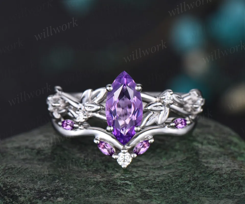 Vintage marquise cut purple amethyst engagement ring women twig leaf Nature inspired white gold ring branch diamond bridal ring set gift sold by Willwork Jewelry