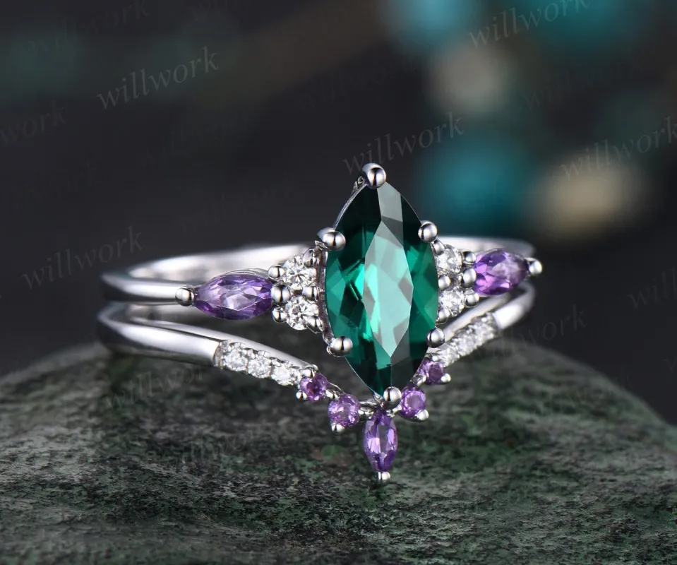 Vintage marquise cut green emerald engagement ring art deco white gold amethyst moissanite 6 prong crystal bridal wedding ring set women made by Willwork Jewelry