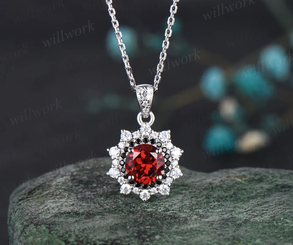 Unique Round Cut Natural Garnet Necklace Minimalist Double Halo Moissanite Black Spinel Diamond Pendant 14k White Gold January Birthstone Jewelry sold by Willwork Jewelry