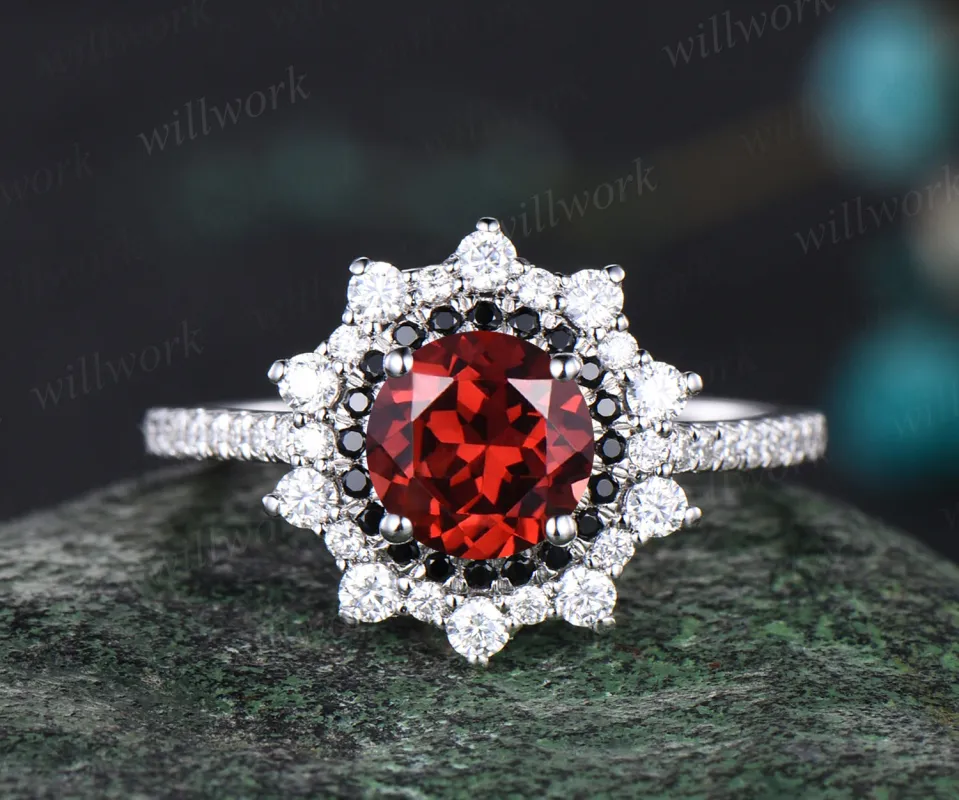 January Birthstone Natural Garnet Engagement Ring Unique Round Cut Garnet Double Halo Black Diamond Spinel Moissanite Wedding Ring sold by Willwork Jewelry