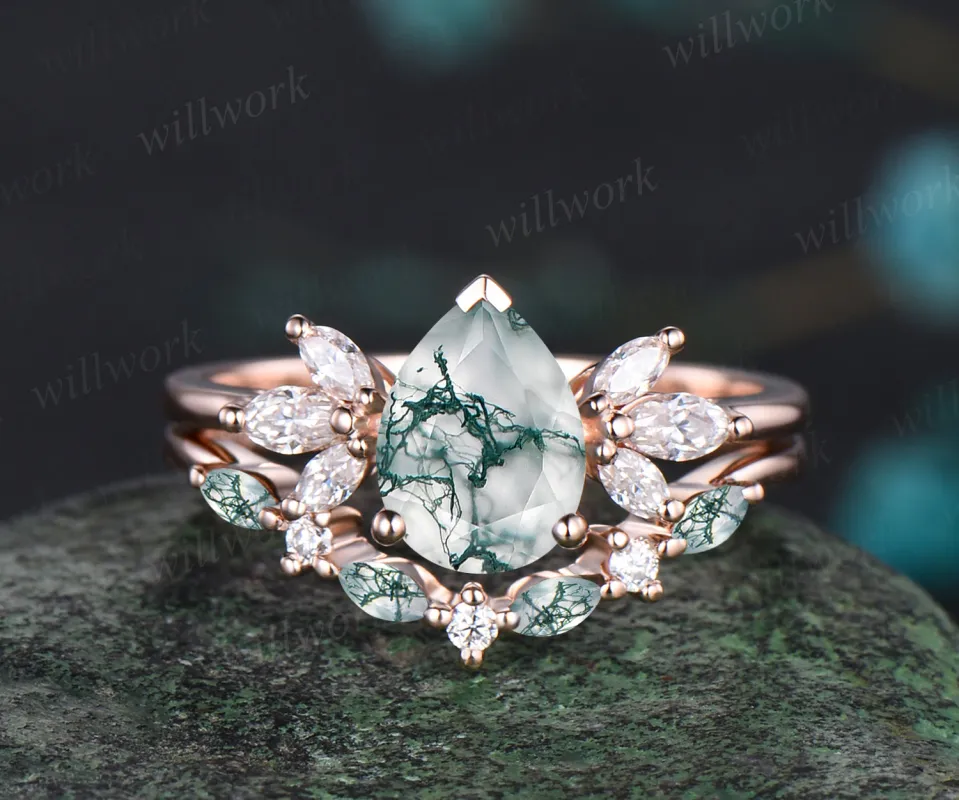 Pear Cut Natural Green Moss Agate Engagement Ring Set Moissanite Cluster Seven Stone Ring 14k Rose Gold Green Gemstone 2pcs Bridal Ring Set sold by Willwork Jewelry