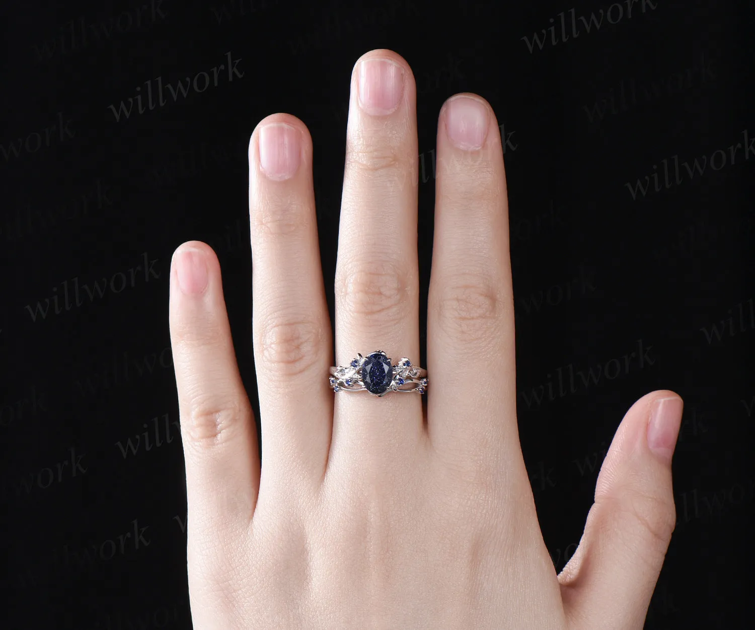 Unique Blue Sandstone Engagement Ring Set Leaf Vine Twig Branch Nature Inspired Ring Set Blue Sapphire 2pcs Bridal Ring Set sold by Willwork Jewelry product image thumbnail 2