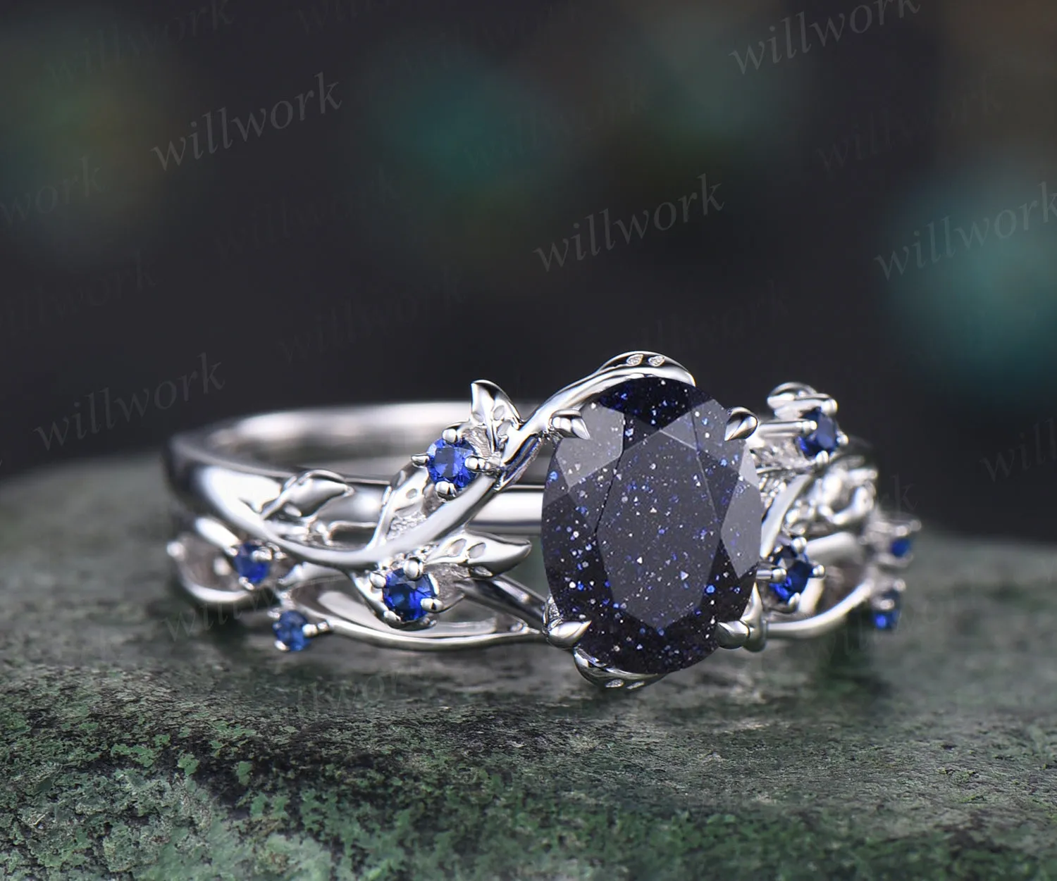 Unique Blue Sandstone Engagement Ring Set Leaf Vine Twig Branch Nature Inspired Ring Set Blue Sapphire 2pcs Bridal Ring Set sold by Willwork Jewelry product image thumbnail 4