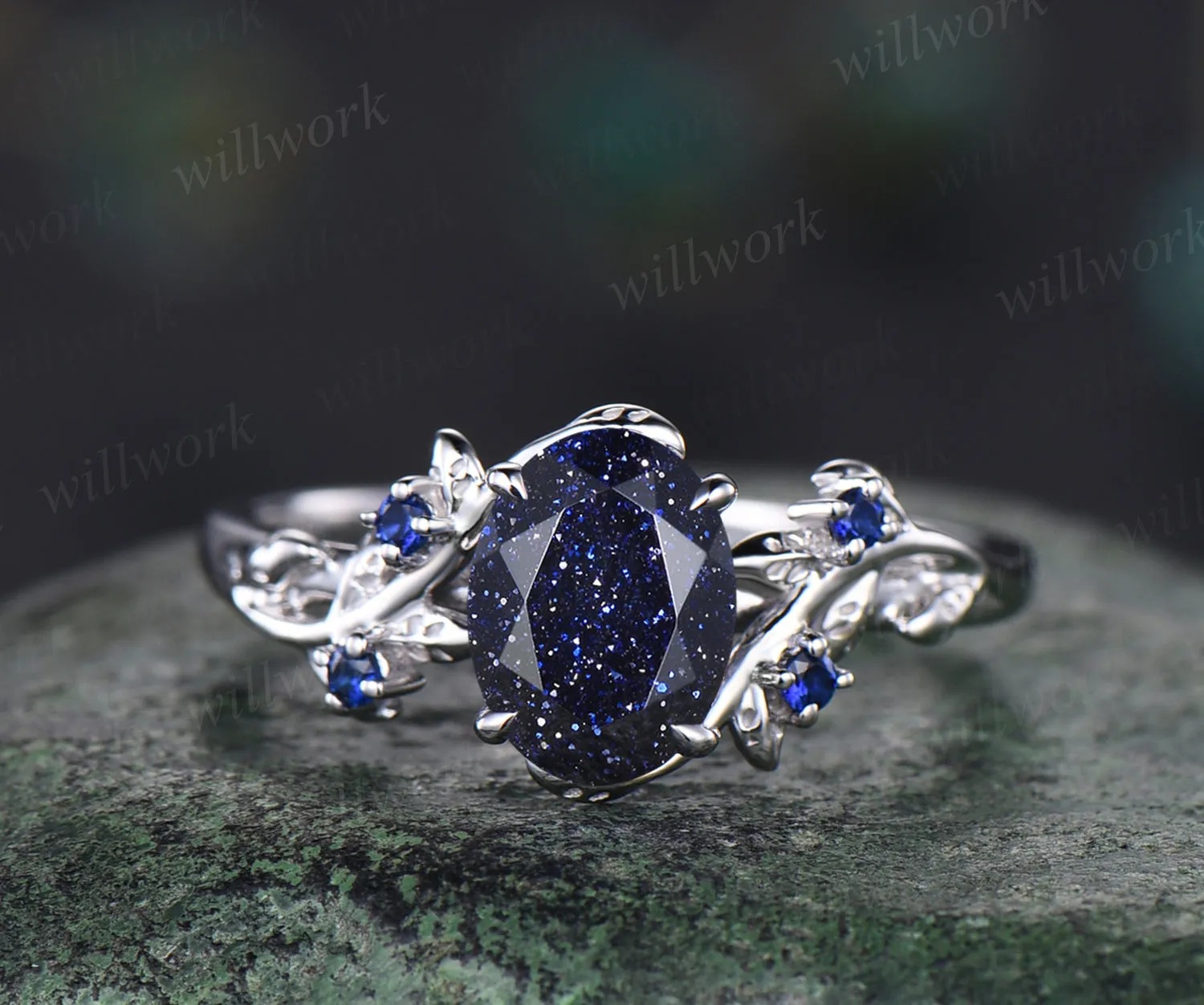 Unique Blue Sandstone Engagement Ring Set Leaf Vine Twig Branch Nature Inspired Ring Set Blue Sapphire 2pcs Bridal Ring Set sold by Willwork Jewelry product image thumbnail 3
