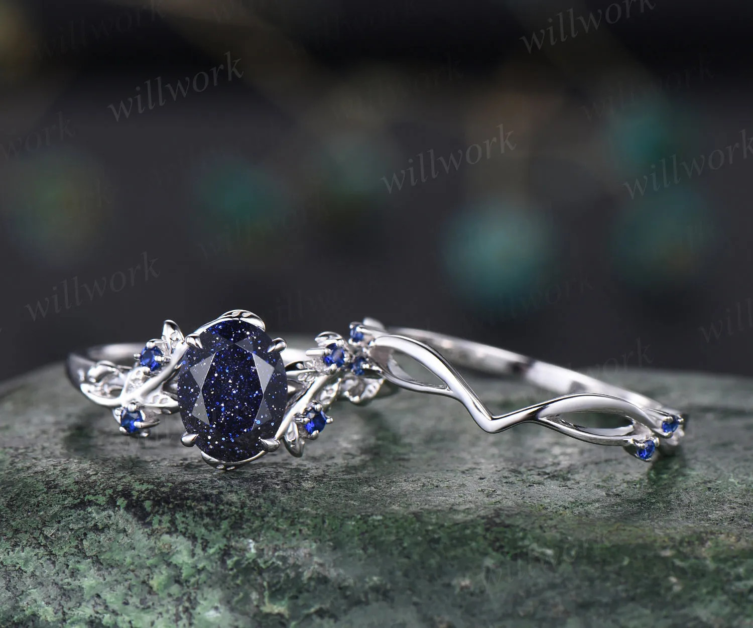 Unique Blue Sandstone Engagement Ring Set Leaf Vine Twig Branch Nature Inspired Ring Set Blue Sapphire 2pcs Bridal Ring Set sold by Willwork Jewelry product image thumbnail 5