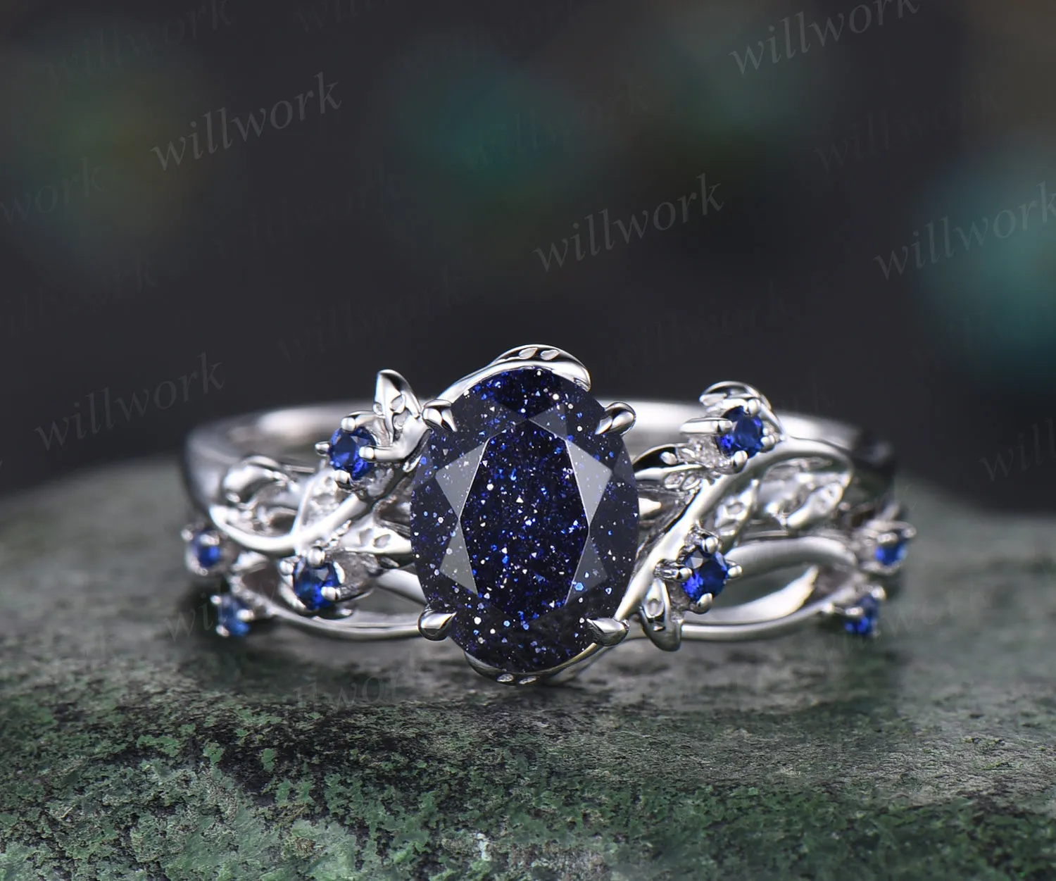 Unique Blue Sandstone Engagement Ring Set Leaf Vine Twig Branch Nature Inspired Ring Set Blue Sapphire 2pcs Bridal Ring Set sold by Willwork Jewelry
