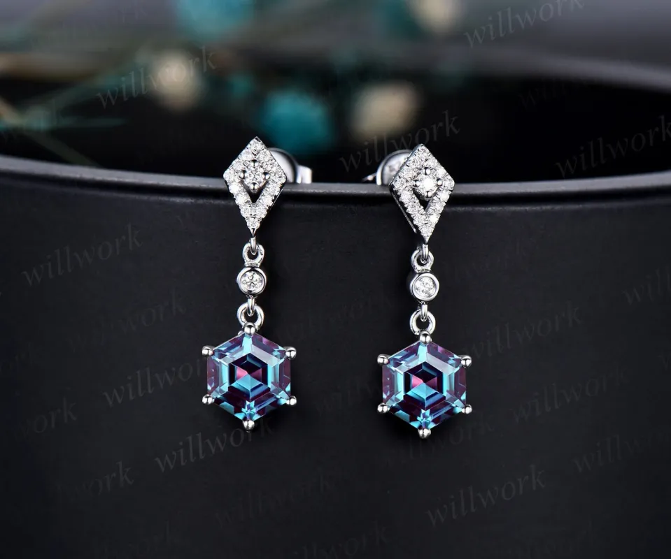 Vintage 1ct hexagon cut alexandrite earrings women solid 14k white gold kite halo diamond drop earrings wedding anniversary gift for her sold by Willwork Jewelry