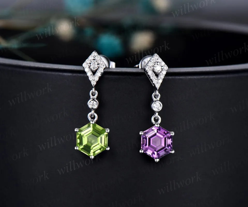 Vintage 1ct hexagon cut amethyst and peridot earrings women solid 14k white gold kite halo diamond drop earrings anniversary gift for her sold by Willwork Jewelry