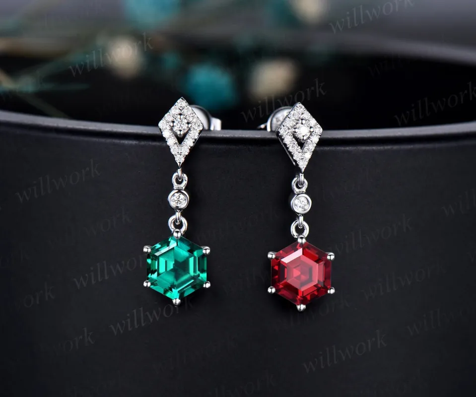 Vintage 1ct hexagon cut ruby and emerald earrings women solid 14k white gold kite halo diamond drop earrings anniversary gift her jewelry sold by Willwork Jewelry