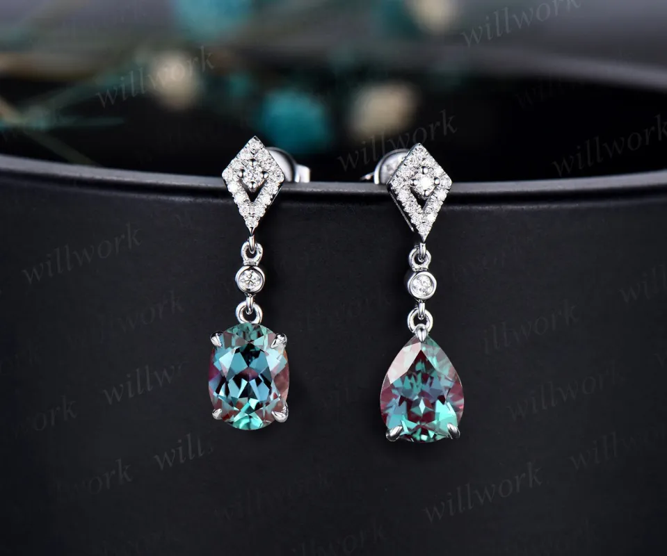 Vintage pear oval cut Alexandrite earrings women solid 14k white gold dainty kite halo diamond drop earrings anniversary gift for her sold by Willwork Jewelry