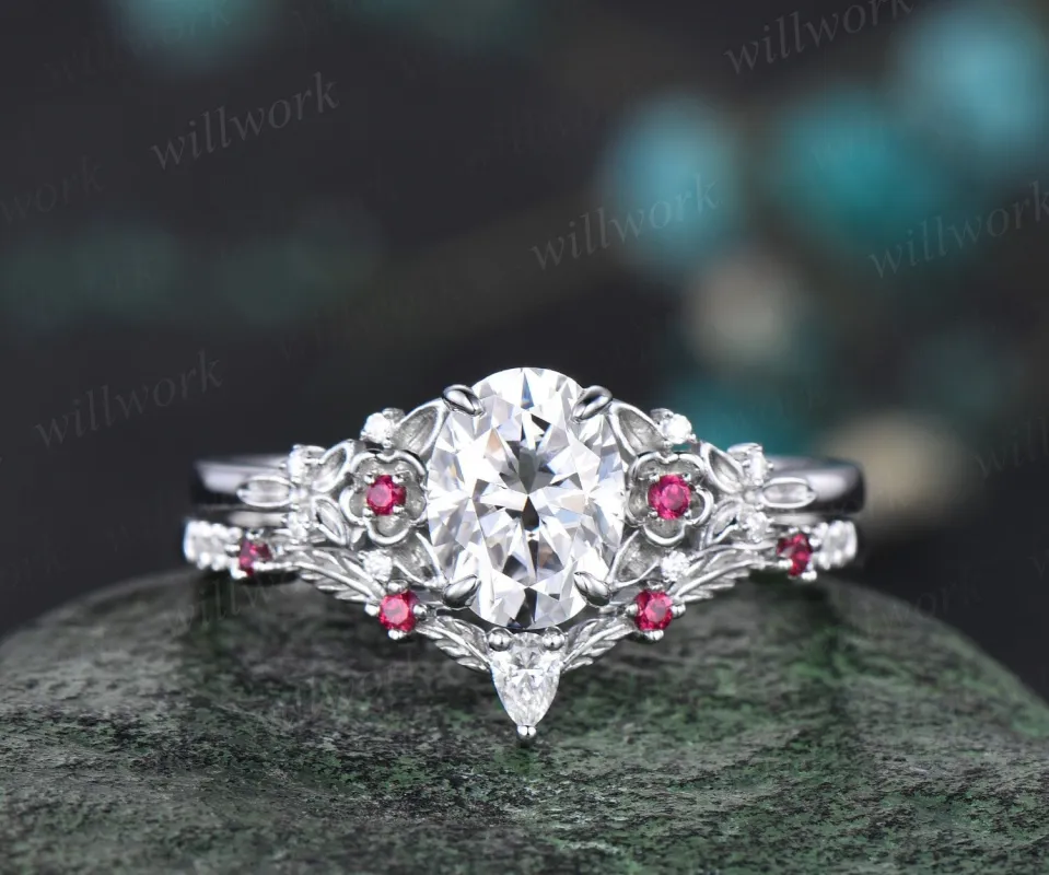 Vintage oval cut moissanite engagement ring 14k white gold twig leaf floral unique ruby diamond promise bridal wedding ring set women gift sold by Willwork Jewelry