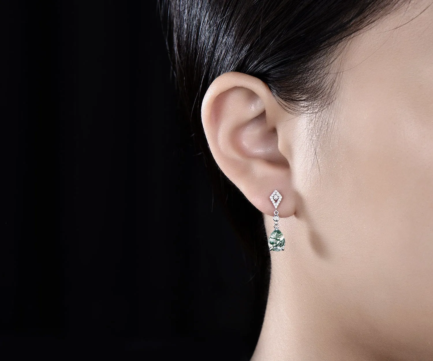 Vintage pear oval cut green moss agate earrings women solid 14k white gold dainty kite halo diamond drop earrings anniversary gift for her sold by Willwork Jewelry product image thumbnail 4