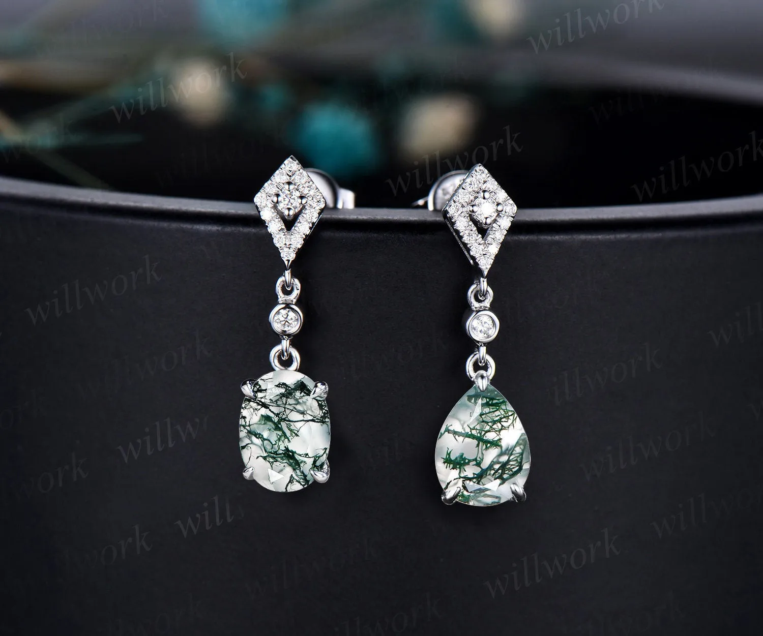 Vintage pear oval cut green moss agate earrings women solid 14k white gold dainty kite halo diamond drop earrings anniversary gift for her sold by Willwork Jewelry