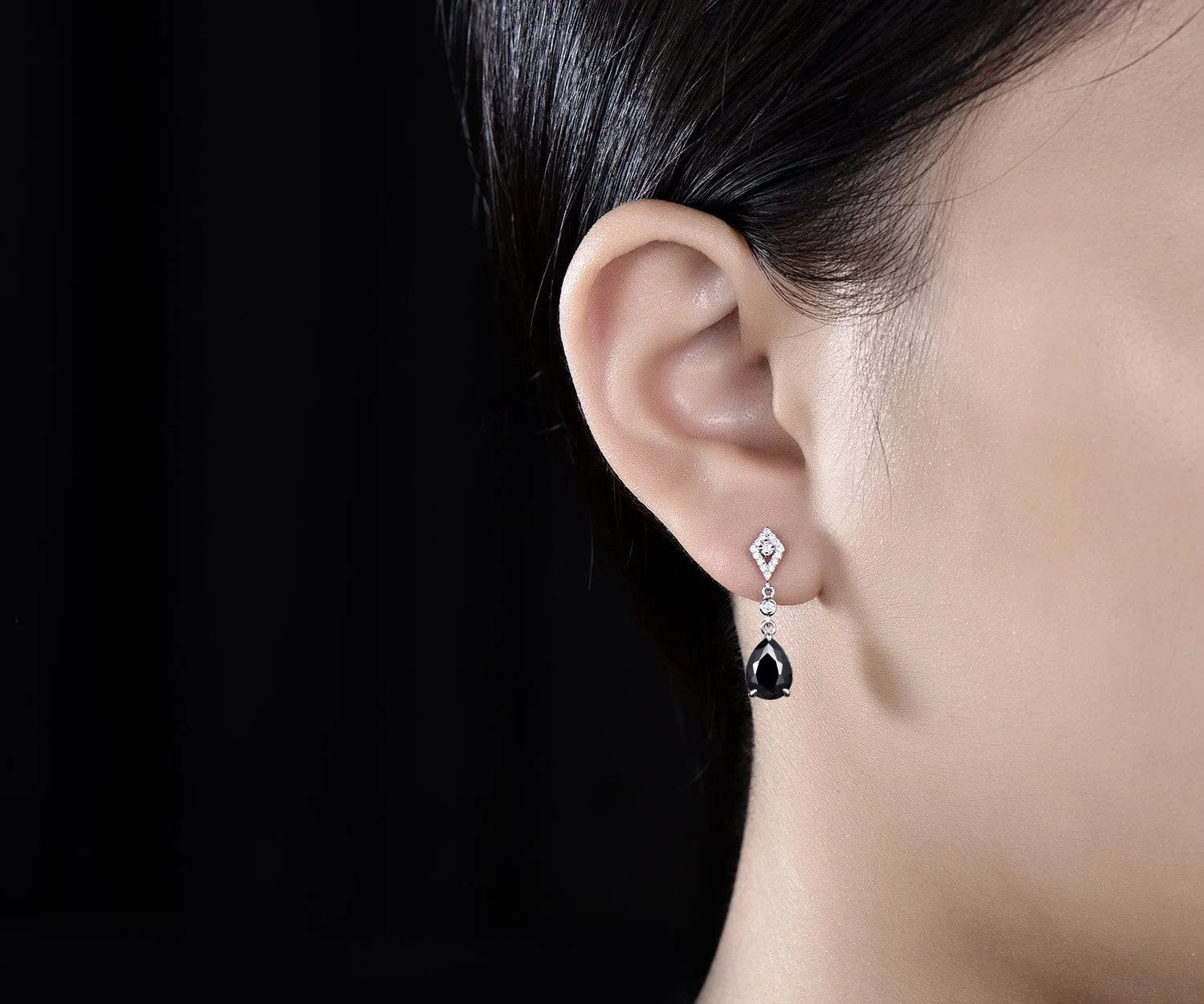 Vintage pear oval cut black onyx earrings women solid 14k 18k white gold dainty kite halo diamond drop earrings anniversary gift for her sold by Willwork Jewelry product image thumbnail 4