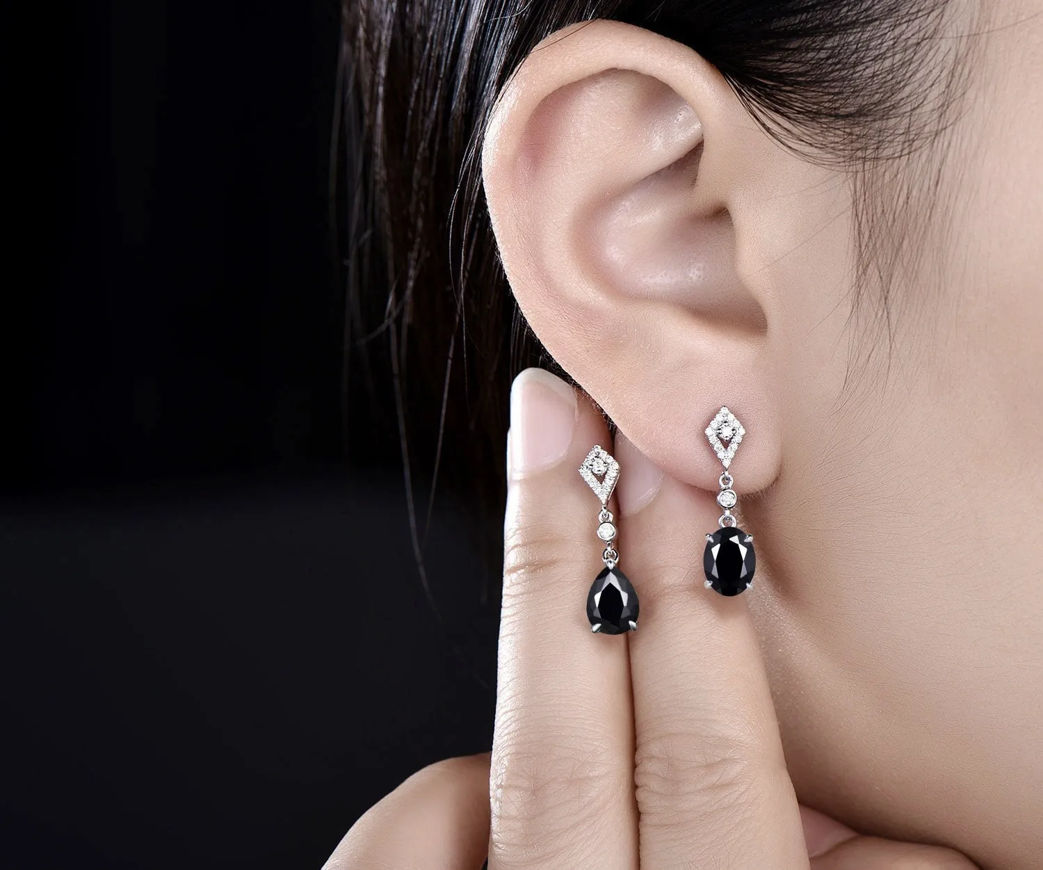 Vintage pear oval cut black onyx earrings women solid 14k 18k white gold dainty kite halo diamond drop earrings anniversary gift for her sold by Willwork Jewelry product image thumbnail 2
