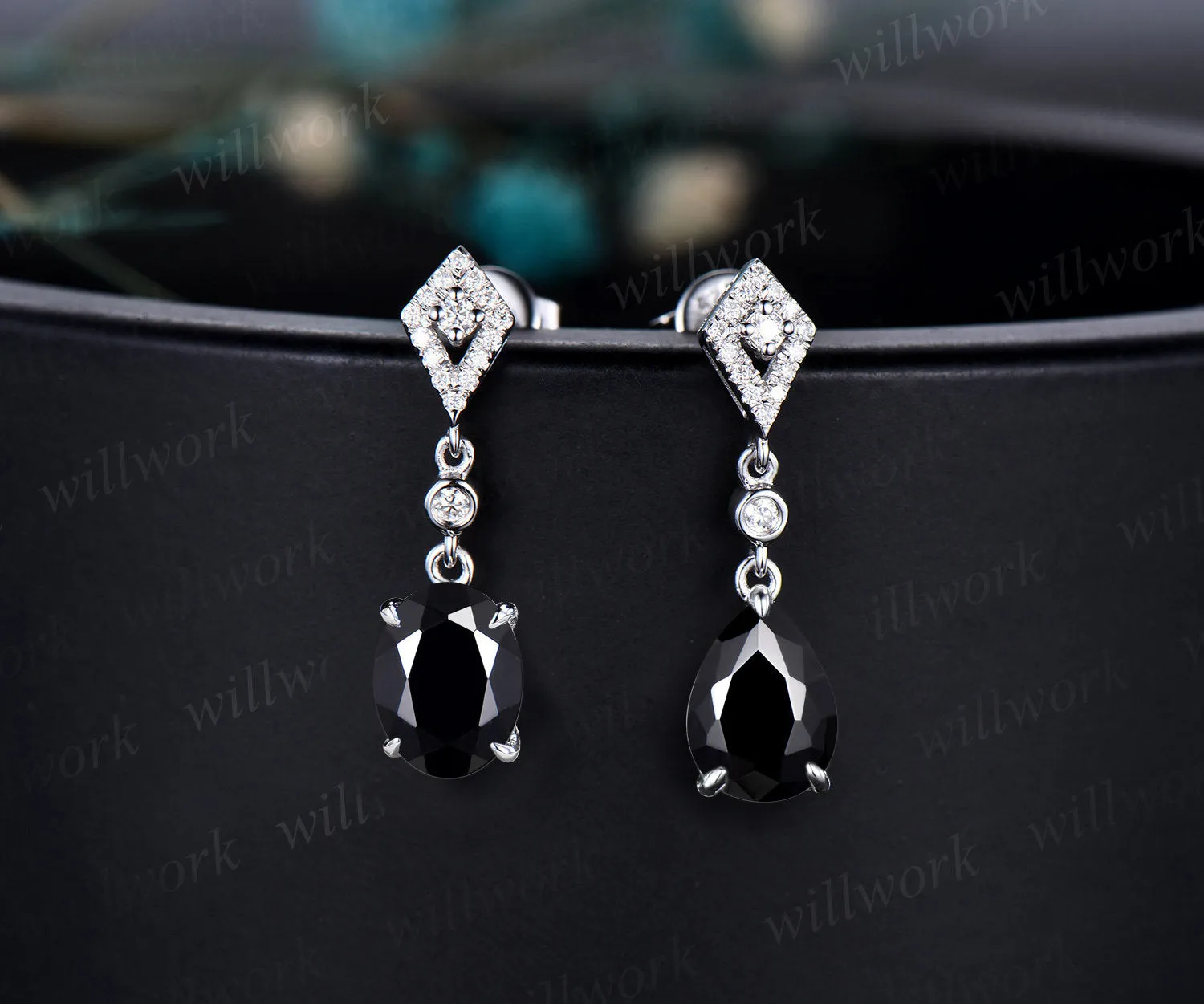 Vintage pear oval cut black onyx earrings women solid 14k 18k white gold dainty kite halo diamond drop earrings anniversary gift for her sold by Willwork Jewelry product image thumbnail 3