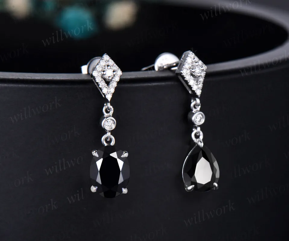 Vintage pear oval cut black onyx earrings women solid 14k 18k white gold dainty kite halo diamond drop earrings anniversary gift for her sold by Willwork Jewelry