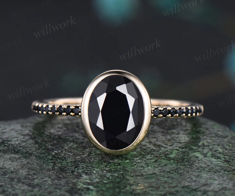 Bezel Set Oval Cut Natural Black Onyx Engagement Ring Unique Black Spinel Diamond Half Eternity Wedding Ring 14k Yellow Gold Ring made by Willwork Jewelry