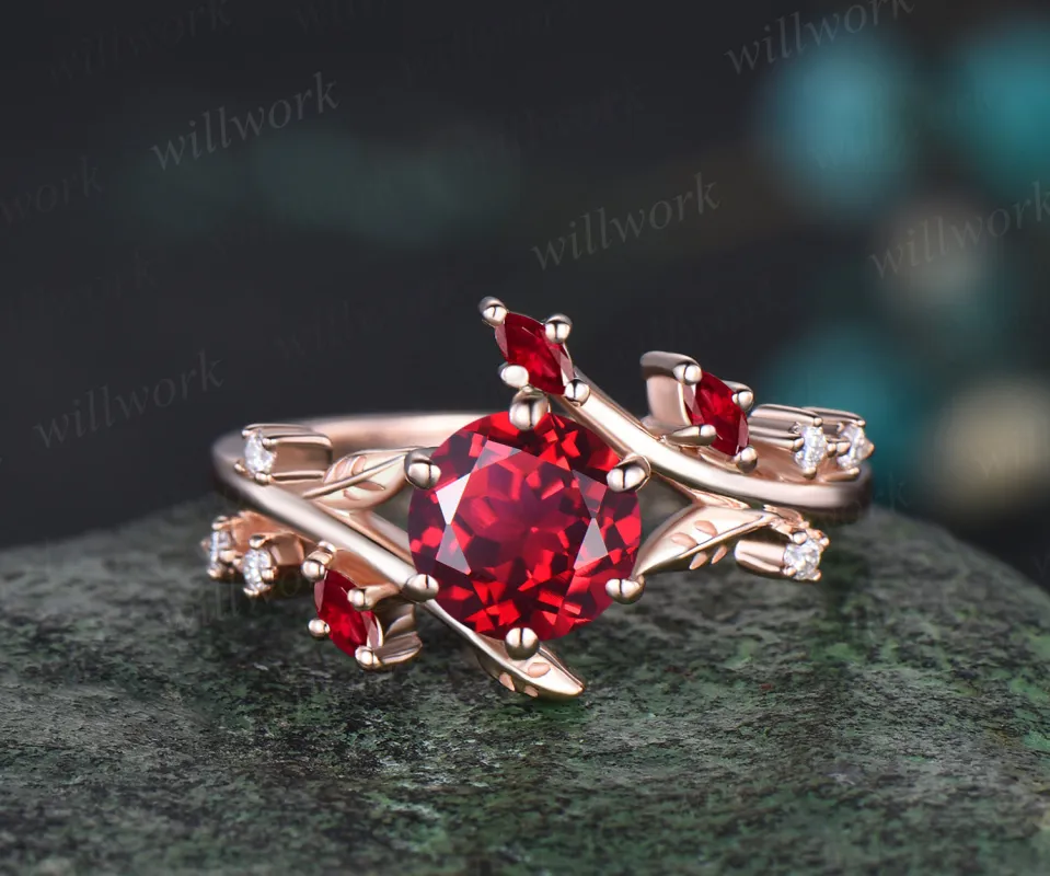 Vintage July Birthstone Round Cut Ruby Engagement Ring Art Deco Leaf Vine Twig Branch Nature Inspired Ring 14k Rose Gold Birthday Gift For Mother made by Willwork Jewelry