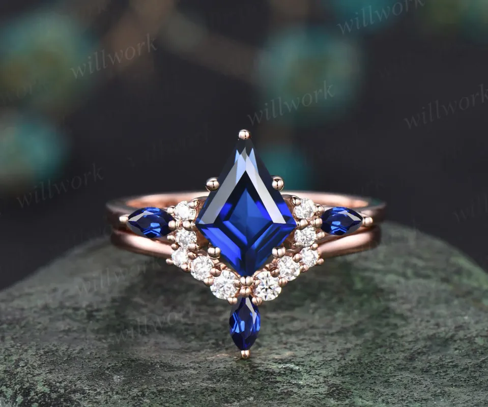 Unique Kite Cut September Birthstone Blue Sapphire Engagement Ring Set Art Deco Moissanite Diamond Curved V Shaped Wedding Band sold by Willwork Jewelry