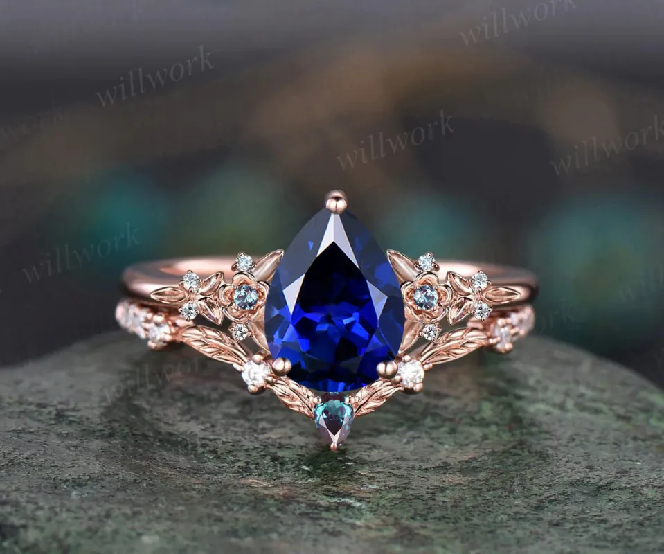 Unique Leaf Flower Nature Inspired Engagement Ring Set Art Deco September Birthstone Blue Sapphire Wedding Ring Alexandrite Moissanite 2pcs Bridal Ring Set sold by Willwork Jewelry