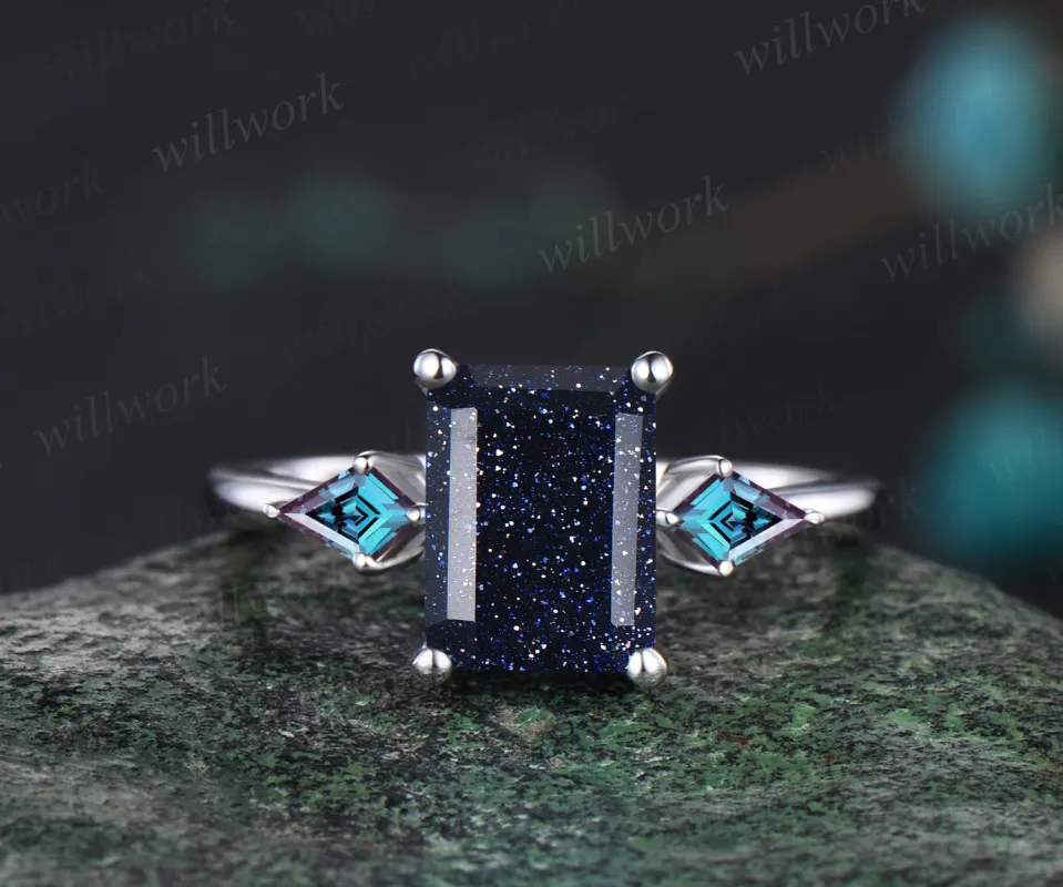 Galaxy Emerald Cut Blue Sandstone Engagement Ring Kite Alexandrite Three Stone Ring 14k White Gold Healing Jewelry Gift made by Willwork Jewelry