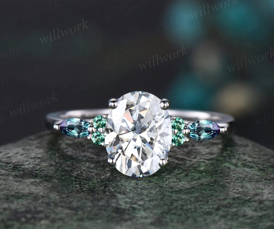 Unique Oval Cut Moissanite Engagement Ring 14k White Gold Emerald Alexandrite Wedding Ring Seven Stone Bridal Ring made by Willwork Jewelry