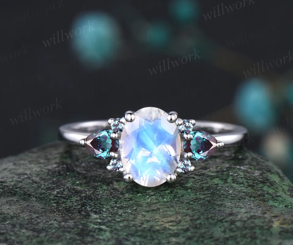 Oval Cut Natural Moonstone Engagement Ring June Birthstone Alexandrite Wedding Ring Seven Stone Cluster Ring sold by Willwork Jewelry
