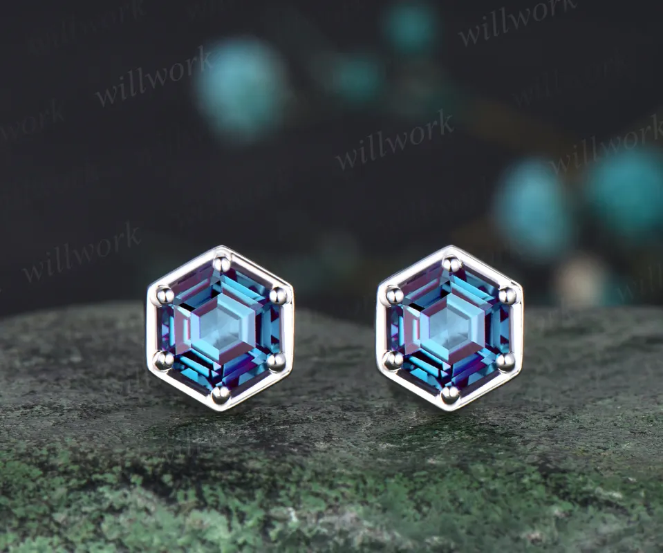 Unique Hexagon Cut June Birthstone Pierced Earrings Color Change Stone Solitaire Stud Earrings Promise Birthday Gift sold by Willwork Jewelry