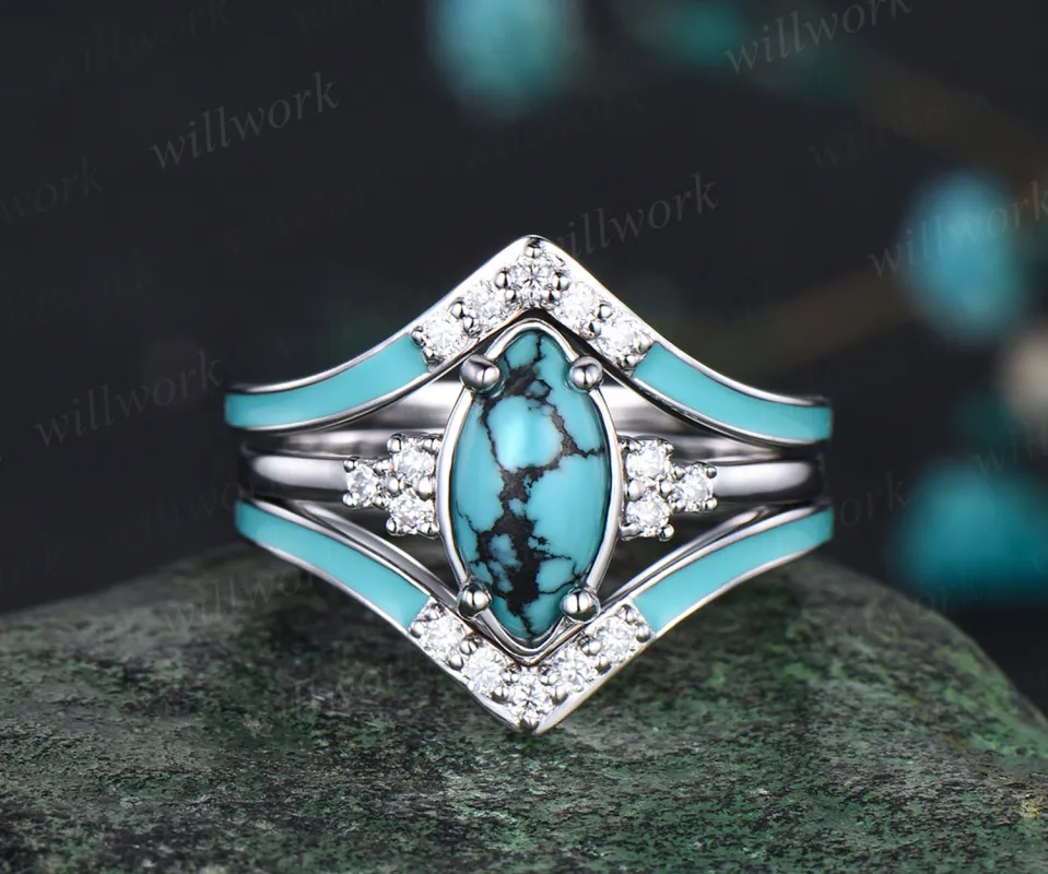 Vintage Marquise Cut Natural Turquoise Engagement Ring Set Moissanite Enamel Drop Oil Ring 14k White Gold December Birthstone 3pcs Bridal Ring Set made by Willwork Jewelry