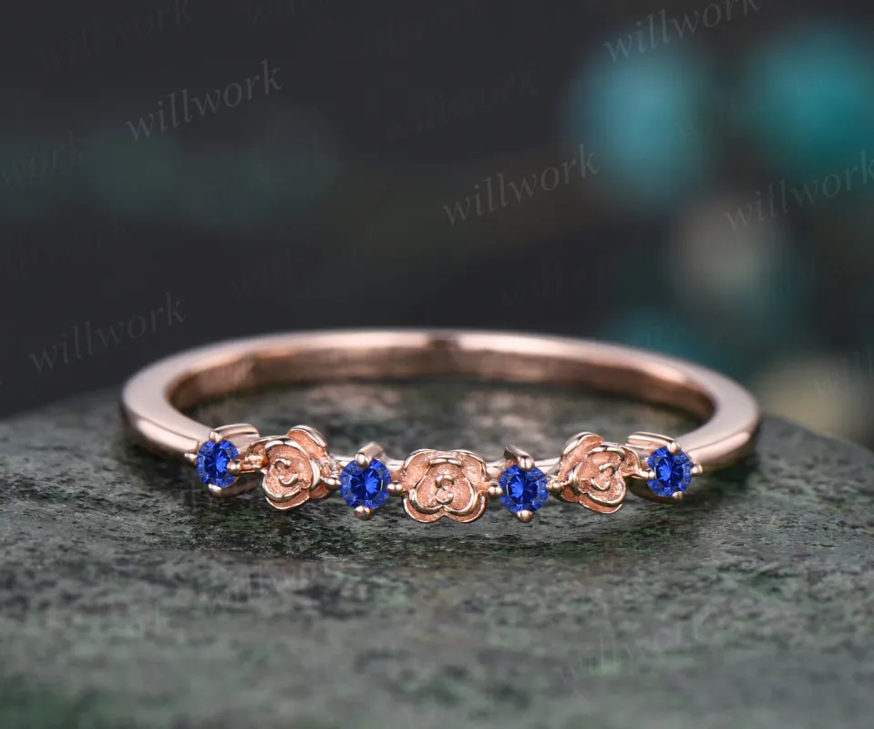 Unique Round Blue Sapphire Wedding Band Floral Flower Nature Inspired Wedding Ring September Birthstone Stacking Band made by Willwork Jewelry