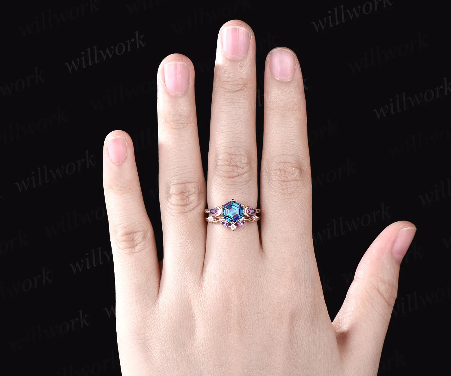 June Birthstone Hexagon Alexandrite Engagement Ring Set 14k Rose Gold Amethyst Moissanite Moon Wedding Ring Five Stone 2pcs Bridal Ring Set sold by Willwork Jewelry product image thumbnail 2
