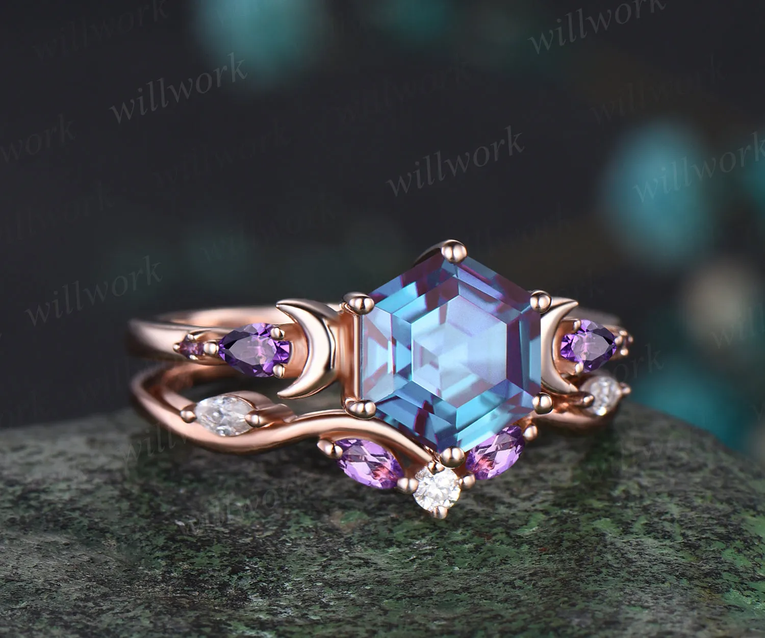 June Birthstone Hexagon Alexandrite Engagement Ring Set 14k Rose Gold Amethyst Moissanite Moon Wedding Ring Five Stone 2pcs Bridal Ring Set sold by Willwork Jewelry product image thumbnail 4