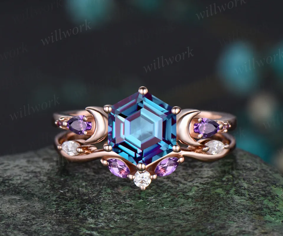 June Birthstone Hexagon Alexandrite Engagement Ring Set 14k Rose Gold Amethyst Moissanite Moon Wedding Ring Five Stone 2pcs Bridal Ring Set sold by Willwork Jewelry