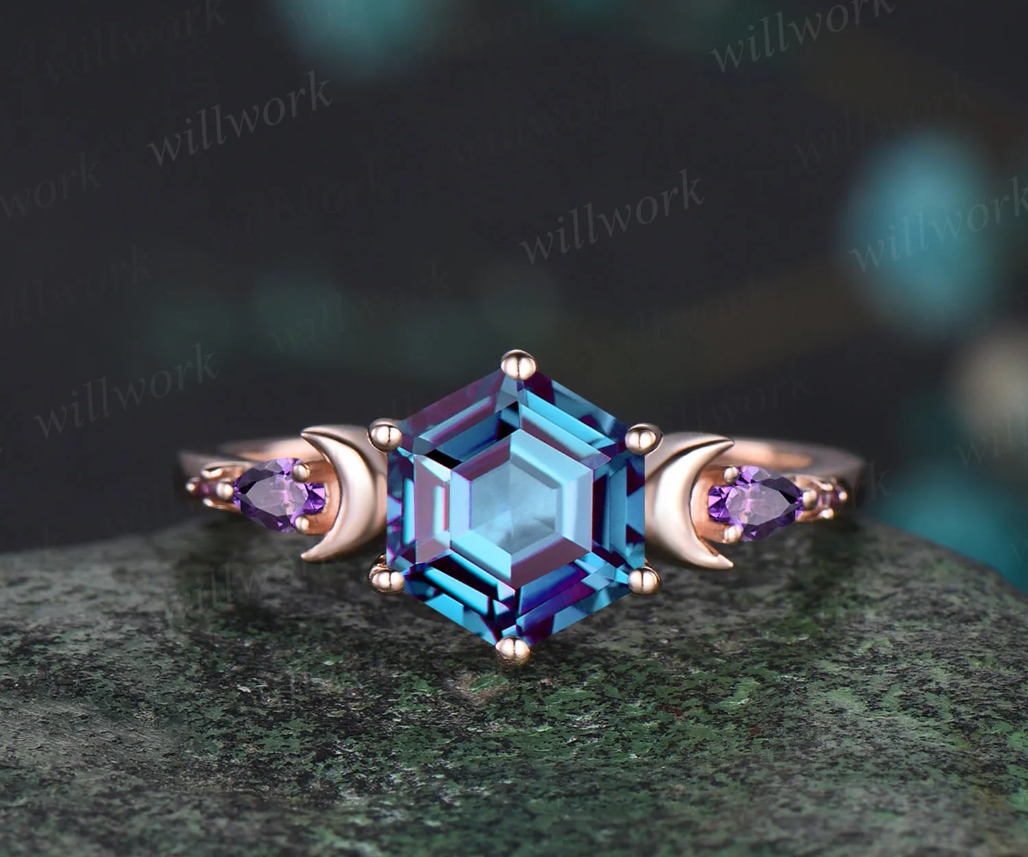 June Birthstone Hexagon Alexandrite Engagement Ring Set 14k Rose Gold Amethyst Moissanite Moon Wedding Ring Five Stone 2pcs Bridal Ring Set sold by Willwork Jewelry product image thumbnail 3