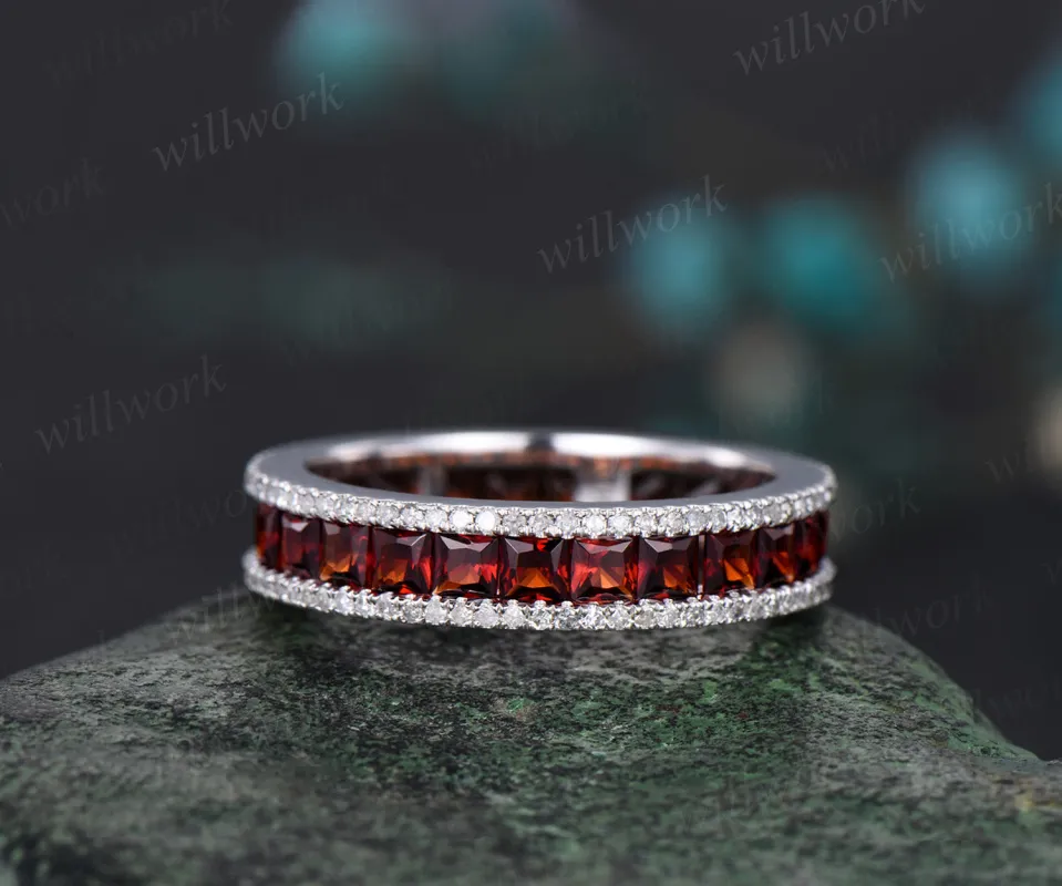 January Birthstone Princess Cut Natural Garnet Wedding Band Unique Moissanite Diamond Full Eternity Wedding Engagement Ring Birthday Gift made by Willwork Jewelry