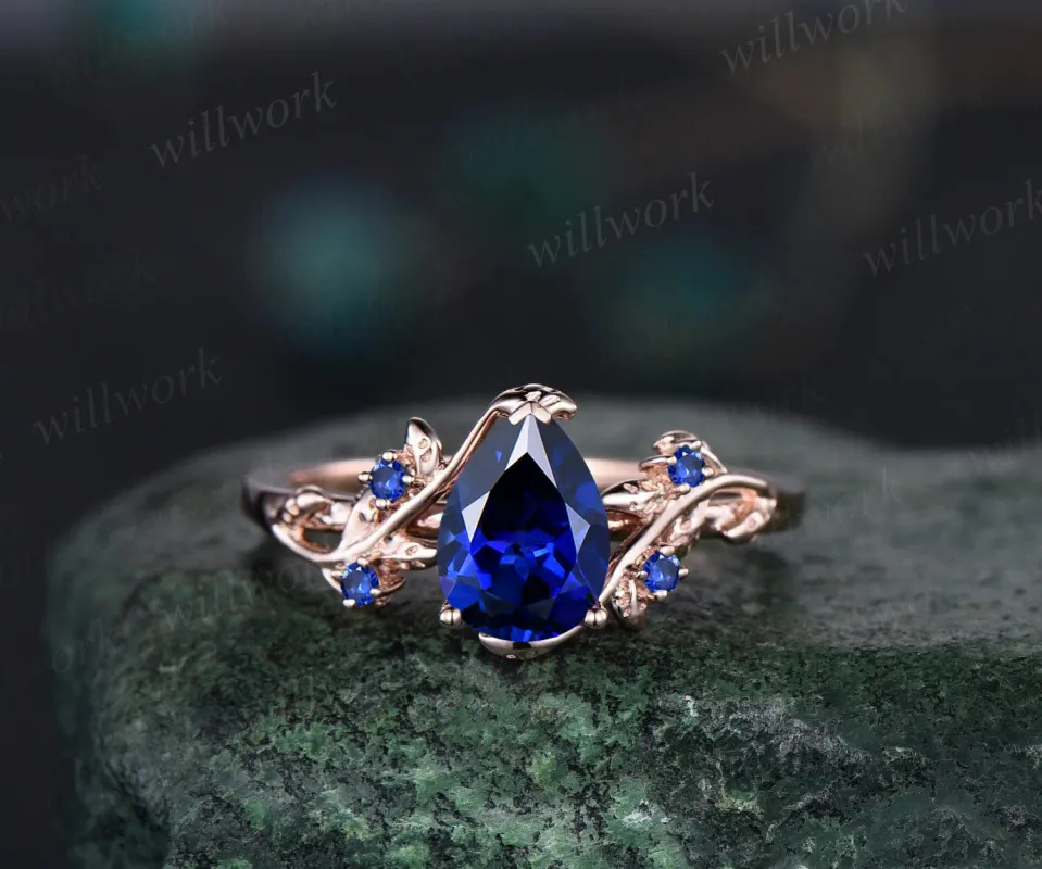September Birthstone Blue Sapphire Engagement Ring Leaf Vine Twig Branch Floral Nature Inspired Bridal Ring 14k Rose Gold Five Stone Ring sold by Willwork Jewelry