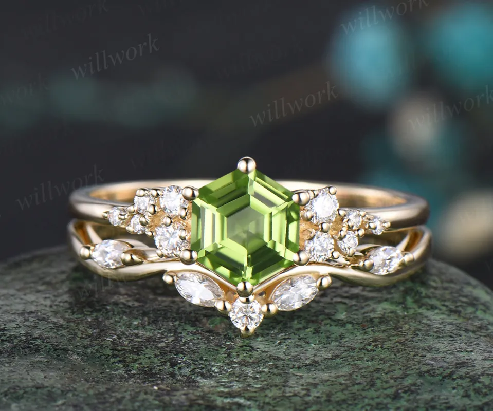 Hexagon Cut August Birthstone Natural Peridot Engagement Ring Set Unique Moissanite Snowdrift Cluster Ring 14k Yellow Gold 2pcs Bridal Ring Set sold by Willwork Jewelry