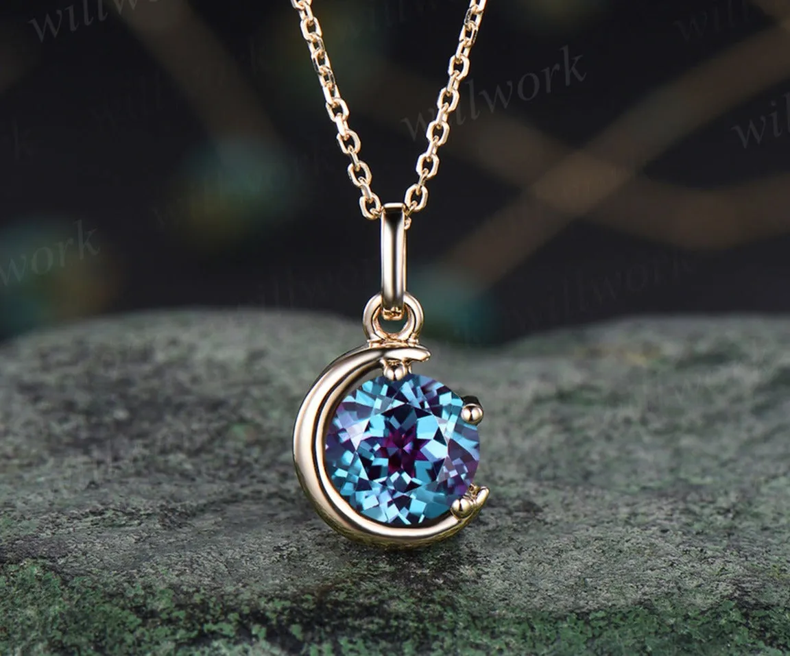 Minimalist June Birthstone Round Alexandrite Necklace Unique Moon Pendant Delicate Color Change Stone Solitaire Necklace Jewelry Gift sold by Willwork Jewelry