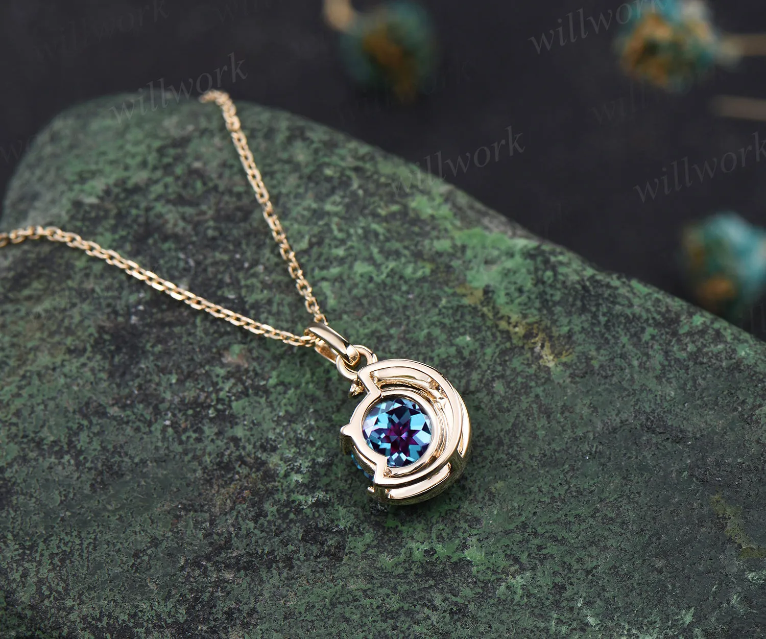 Minimalist June Birthstone Round Alexandrite Necklace Unique Moon Pendant Delicate Color Change Stone Solitaire Necklace Jewelry Gift sold by Willwork Jewelry product image thumbnail 4