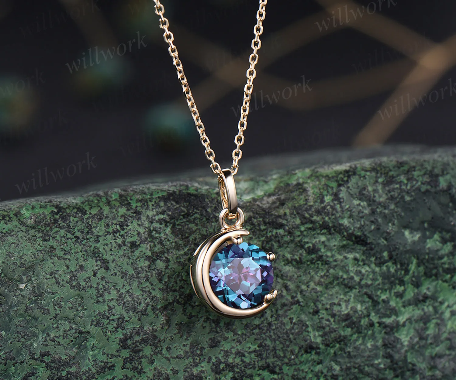 Minimalist June Birthstone Round Alexandrite Necklace Unique Moon Pendant Delicate Color Change Stone Solitaire Necklace Jewelry Gift sold by Willwork Jewelry product image thumbnail 3