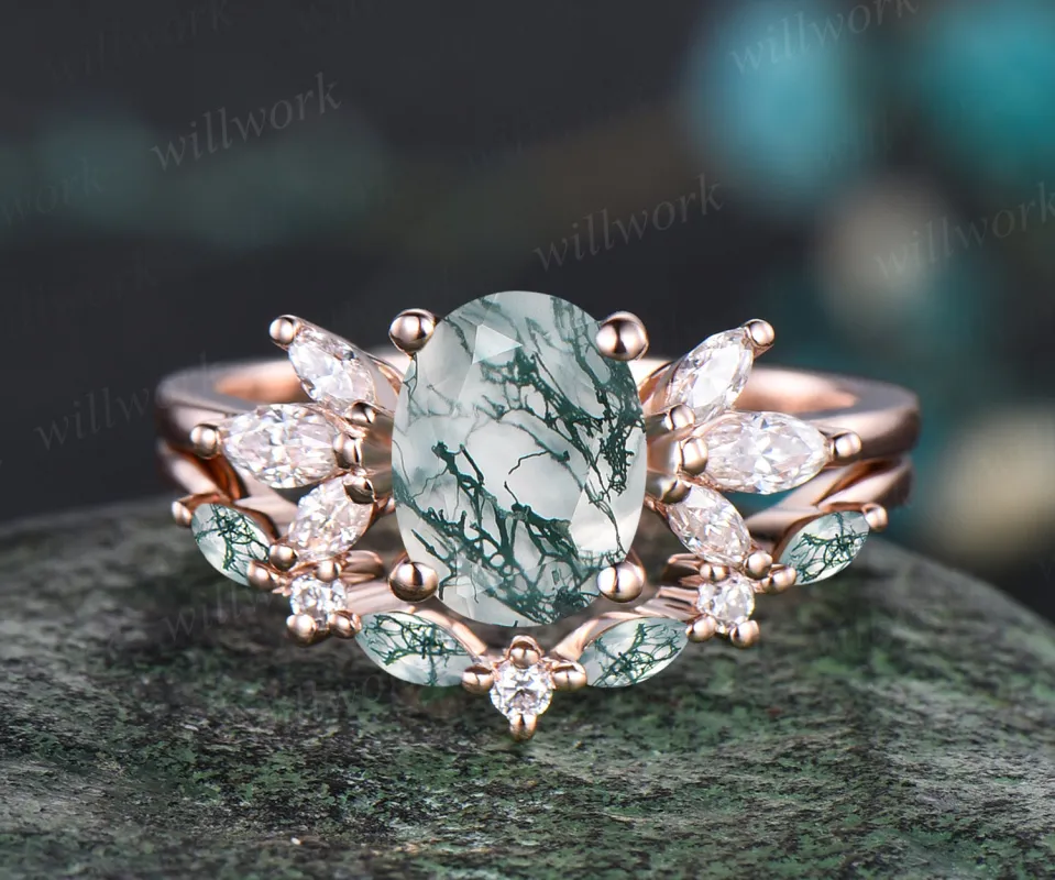 Unique Oval Cut Natural Green Moss Agate Engagement Ring Set 14k Rose Gold Seven Stone Green Gemstone Moissanite Cluster 2pcs Bridal Ring Set sold by Willwork Jewelry