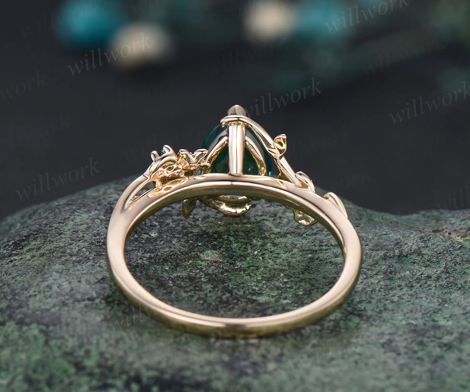 May Birthstone Pear Cut Emerald Engagement Ring Unique Leaf Flower Vine Twig Branch Nature Inspired Wedding Ring 14k Yellow Gold Bridal Ring sold by Willwork Jewelry product image thumbnail 5