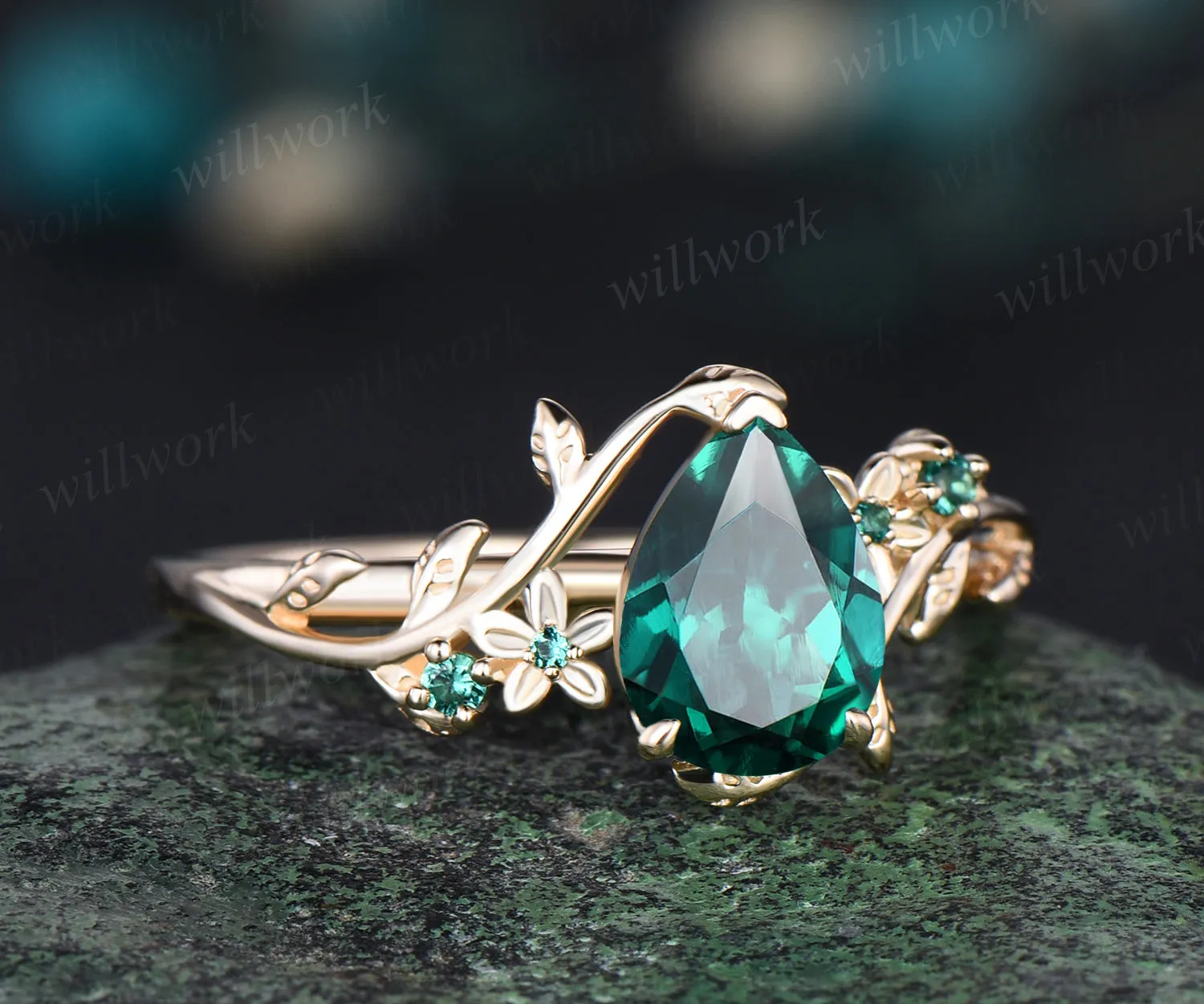 May Birthstone Pear Cut Emerald Engagement Ring Unique Leaf Flower Vine Twig Branch Nature Inspired Wedding Ring 14k Yellow Gold Bridal Ring sold by Willwork Jewelry product image thumbnail 3