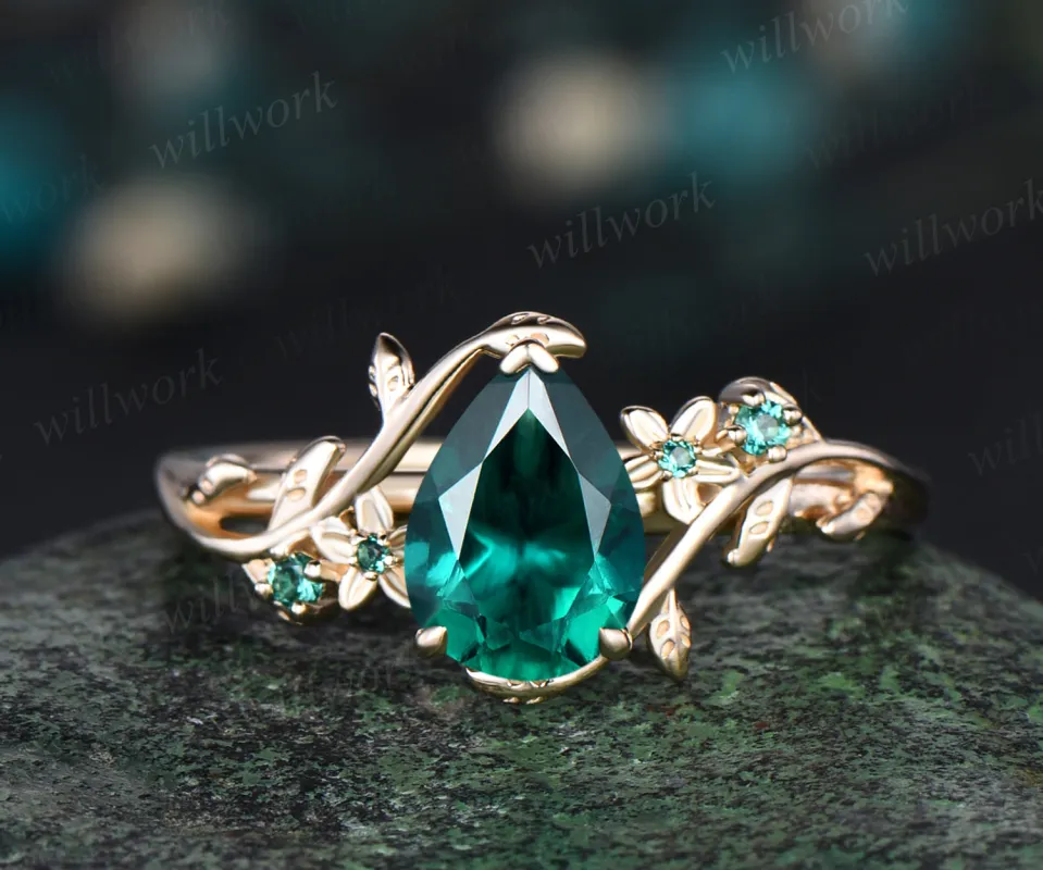 May Birthstone Pear Cut Emerald Engagement Ring Unique Leaf Flower Vine Twig Branch Nature Inspired Wedding Ring 14k Yellow Gold Bridal Ring sold by Willwork Jewelry
