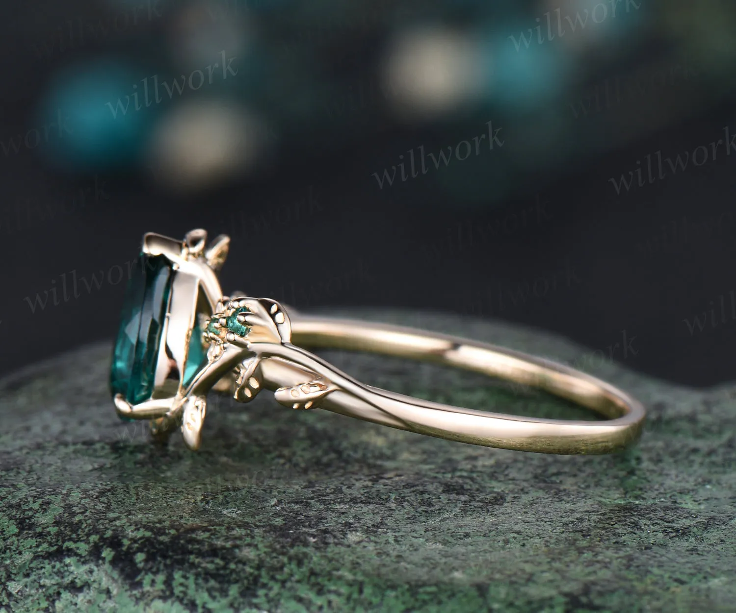 May Birthstone Pear Cut Emerald Engagement Ring Unique Leaf Flower Vine Twig Branch Nature Inspired Wedding Ring 14k Yellow Gold Bridal Ring sold by Willwork Jewelry product image thumbnail 4